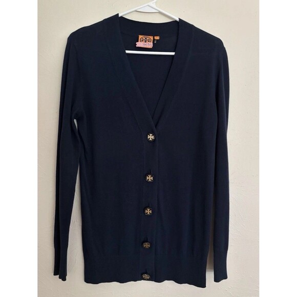 Tory Burch 100% Cotton Cardigan Small Navy Blue w/ Gold Logo Buttons Cozy Luxury - Picture 1 of 7